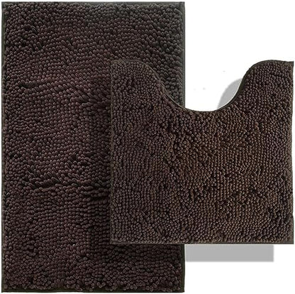 BOANKODU Bathroom Rugs Sets 2 Piece, Absorbent Bath Mat for Bathroom Very Soft Chenille Non-Slip, 32x20 Inch + 20x20 Inch U Shape Bathroom Mat, Machine Washable Bath Rugs (Coffee)