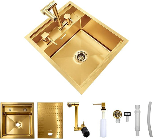 Gold Bar Sink, 17.32×14.17×7.87 Inch Small Portable Utility Single Bowl Outdoor Camper RV Kitchen Sink with Foldable Faucet and Cover Plate