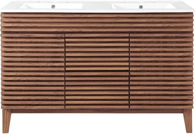 Pemberly Row 48" Modern Wood Double Sink Bathroom Vanity, Walnut/White Finish, MDF and Particleboard Construction, Ceramic Sink Basin, Mid-Century Style, Tapered Legs, Ample Storage for Bathroom Use