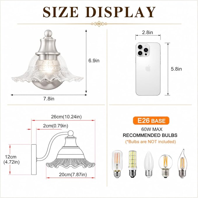 Brushed Nickel Bathroom Wall Sconce Vintage Style, E26 Easy Mounted | Vanity Light with Flower Glass Shade, Bathroom Wall Lighting Fixture Beside Mirror, Easy Mounted for Bedroom, Hallway