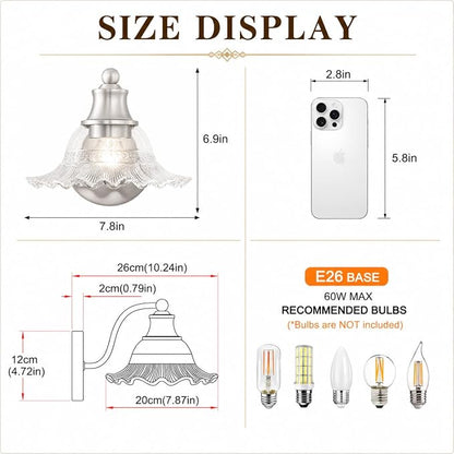 Brushed Nickel Bathroom Wall Sconce Vintage Style, E26 Easy Mounted | Vanity Light with Flower Glass Shade, Bathroom Wall Lighting Fixture Beside Mirror, Easy Mounted for Bedroom, Hallway