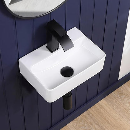 Small Wall Mount Bathroom Vessel Sink 14"x10" Rectangular Floating White Porcelain Ceramic Wall Hung Vanity Basin Sink for Tiny Home,RV,Bathroom