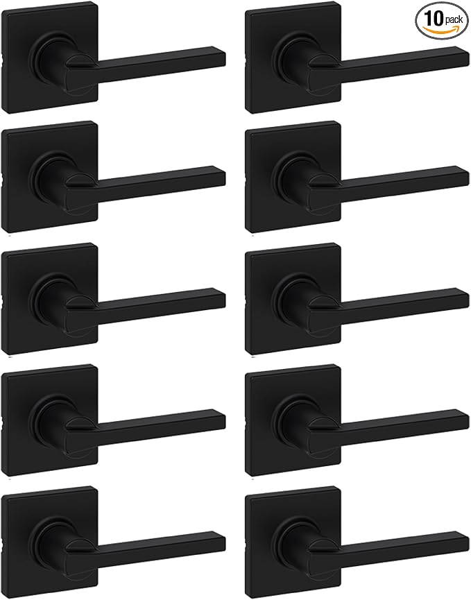 Kwikset Casey Interior Passage Door Handle 10 Pack, Lever for Closet and Hallway Doors, Reversible Non-Locking Handle Lever, Matte Black, with Microban Protection