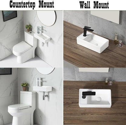 14"x7" Small Bathroom Sink Wall Mount Bathroom Sink Rectangle Ceramic Wash Basin floating Mini Vessel Sink for Bathrooms, Left Hand