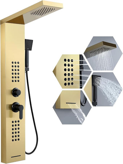 4 in 1 Rainfall Shower Panel Tower with Powerful Body Jets, Gold | High Pressure Stainless Steel Shower Column with Flexible Handheld, Waterfall Tub Spout, Adjustable Waterflow