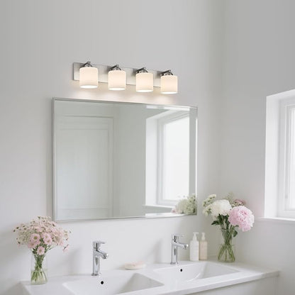 mirrea 4-Light Brushed Nickel Bathroom Vanity Light with White Glass Shades | makeup vanity illumination grooming station light over-sink wall lamp renovate remodel refresh decorate