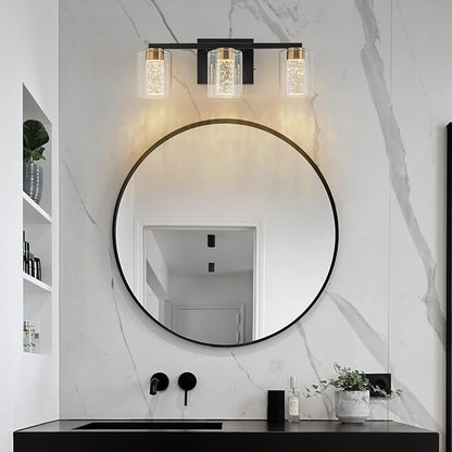 SineRise 3-Light Black and Gold Vanity Light with 3 Color Modes (3000K/4000K/6000K), Eye Protection LED Bathroom Light Fixture, Dimmable Modern Wall Light Over Mirror with Clear Glass Shade