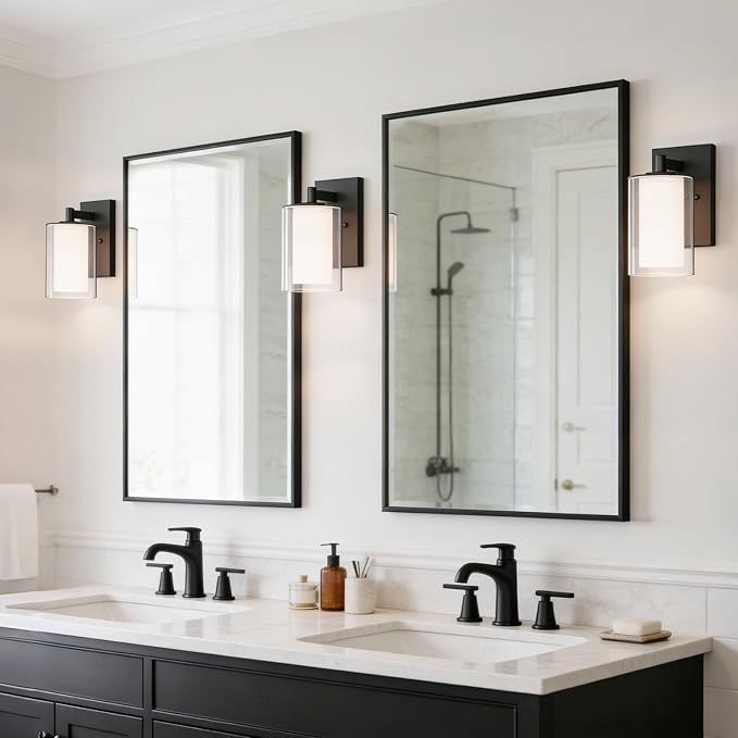 Wall Sconces Set of Two, Modern Matte Black Vanity Wall Lights | Double Clear Glass Shades With E26 Base, Farmhouse Wall Lights For Bathroom, Bedroom, Living Room, Mirror And Hallway.