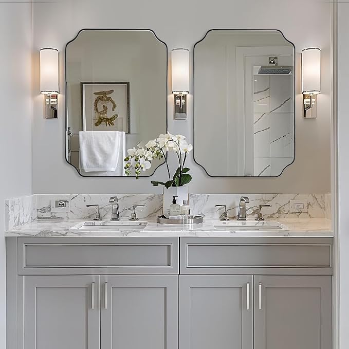 Chrome Scalloped Mirror, 26x38 Inch Polished Chrome Rectangle Mirror, Unique Bathroom Mirror with Scalloped Edge Design, Rust-Proof Stainless Steel 1’’ Frame, Home Decor