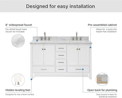 ARIEL Cambridge 60-inch Bathroom Vanity with Sink,Solid Wood, 1.5-inch Italian Carrara Marble Countertop, Double Rectangular Porcelain Sink, 4 Soft Closing Doors, 6 Dovetail Drawers, White