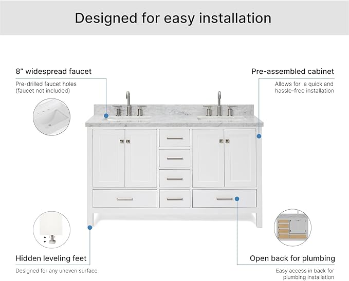 ARIEL Cambridge 60-inch Bathroom Vanity with Sink,Solid Wood, 1.5-inch Italian Carrara Marble Countertop, Double Rectangular Porcelain Sink, 4 Soft Closing Doors, 6 Dovetail Drawers, White