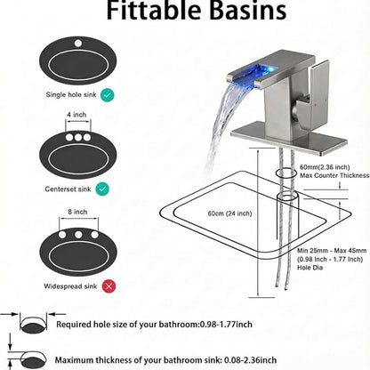 LED Bathroom Sink Faucet, Brushed Nickel Waterfall Single Hole Handle Vanity Faucets for Sinks 1 Hole with Metal Pop Up Drain and 2 Water Supply Lines, Side Handle