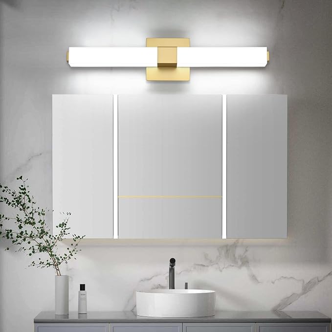 Gold Bathroom Light Fixtures - 24 inch LED Vanity Lights 18W - Modern Bathroom Lights Over Mirror Cool White Light