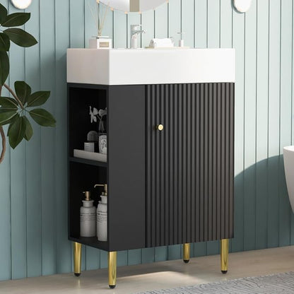 22" Small Bathroom Vanity with Sink, Morden Bathroom Vanities with Soft-Close Door and Open Shelf, Freestanding Narrow Vanity for Compact Space-Saving Bathrooms (Black,22" Freestanding Left Shelf)