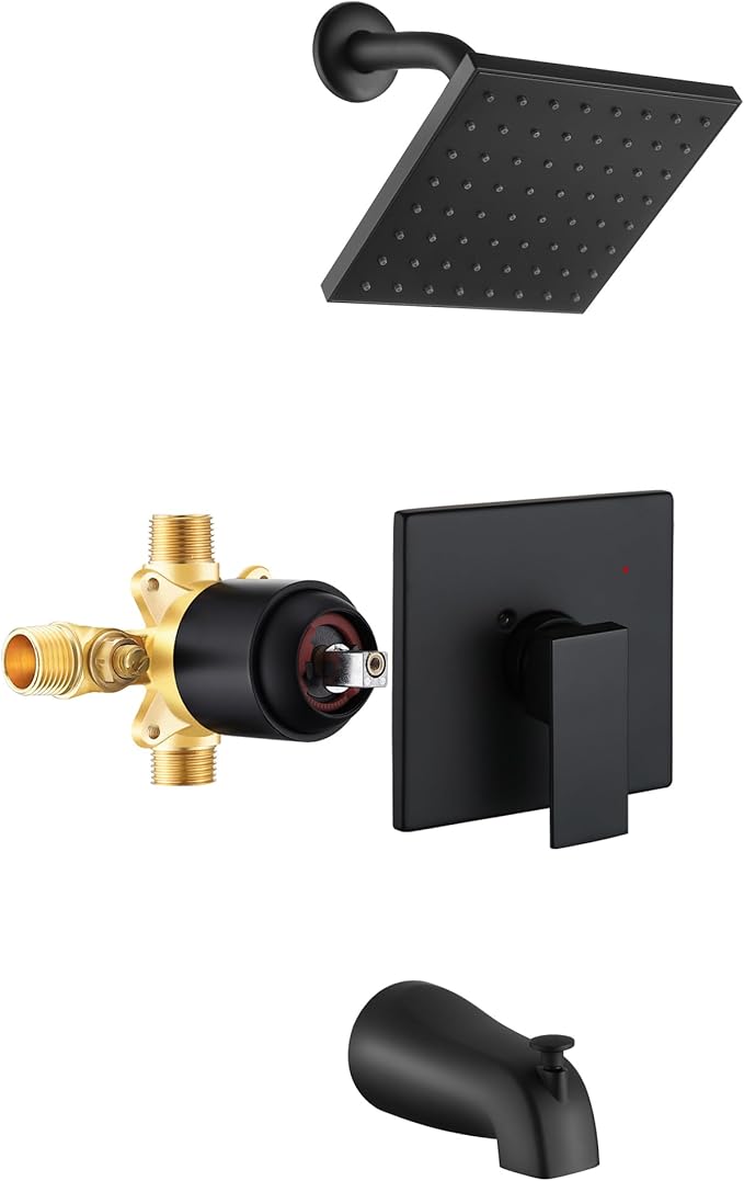 Matte Black Tub Shower Faucet Set, 6" Rain Head with Valve Included | Matte black shower kit with valve & tub spout. Single handle control, 6in rain head, durable matte finish for bathroom decor.