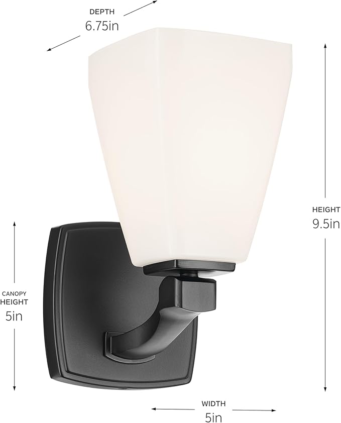 Kichler Marant 5" 1-Light Wall Sconce with Opal Glass in Black, for Bathroom, Powder Room, Hallway, Fireplace, (5" W x 9.5" H), 55214BK