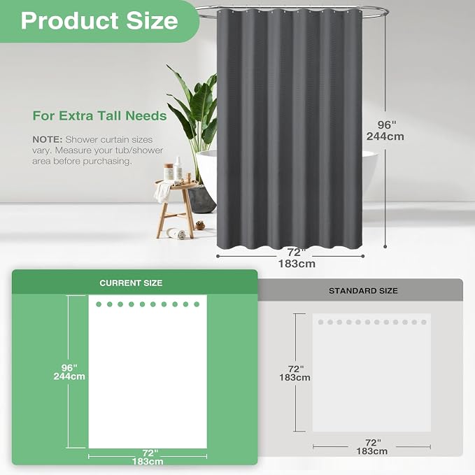 Extra Long Waffle Shower Curtain 256GSM Fabric 72x96 Charcoal Grey | 96 Inch Tall, Thick Cloth, Weighted Hem, Water Repellent, Hotel Luxury Polyester Shower Curtain Set for Bathroom 12 Hooks