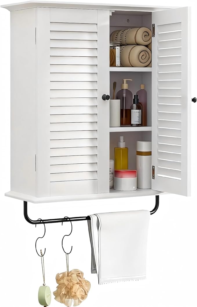 Bathroom Wall Cabinet, Over the Toilet Storage Cabinet, Wooden Wall Cabinet with 2 Doors & Hooks, White Wall Mounted Cabinet, Medicine Cabinet Organizer, Over Toilet Livingroom Kichen