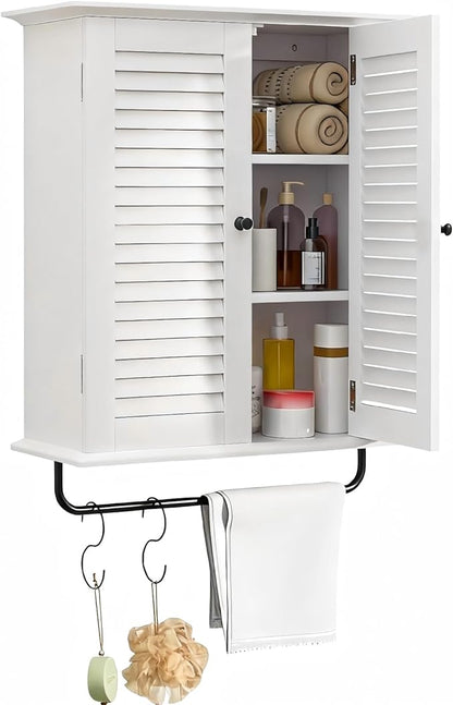 Bathroom Wall Cabinet, Over the Toilet Storage Cabinet, Wooden Wall Cabinet with 2 Doors & Hooks, White Wall Mounted Cabinet, Medicine Cabinet Organizer, Over Toilet Livingroom Kichen