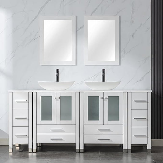 LUCKWIND 72" Double 24-in Bathroom Vanity with Sink Combo, Elegant Series with Two 12.6-in Side Cabinets, Painted Frame, Including Curved Rectangle Sinks, Faucets Without Mirrors, White