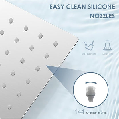 12 inch Brushed Nickel Rain Shower Head - All Metal 304 Stainless Steel, Full Body Rainfall Shower with 144 Silicone Nozzles - Square Showerheads Ceiling or Wall Mount Modern Bathroom
