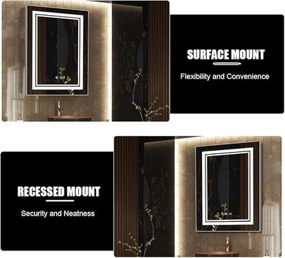High-End Led Medicine Cabinet,Lighted Medicine Cabinet,3 Colors&Dimmable,Demister,Lighted Glass Shelf,USB Shaver Socket.Surface Mount or Recess Mount,20×28inch