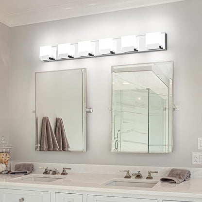 6 Light Bathroom Vanity Light - Modern LED Bathroom Lights - Chrome Lighting Fixtures Over Mirror for Bath 6000K Cool White