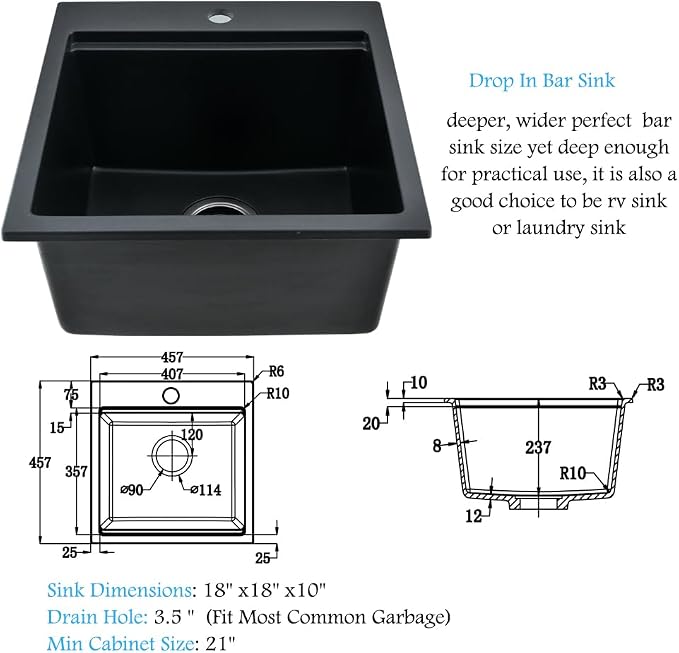 18 Inch Black Drop In Bar Sink Quartz, 18x18 Small Kitchen Sink | Quartz Small Wet Bar Outdoor Rv Kitchen Sink Topmount Workstation Single Bowl Drop In Kitchen Sink with Cutting Board