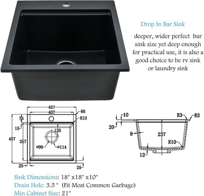18 Inch Black Drop In Bar Sink Quartz, 18x18 Small Kitchen Sink | Quartz Small Wet Bar Outdoor Rv Kitchen Sink Topmount Workstation Single Bowl Drop In Kitchen Sink with Cutting Board