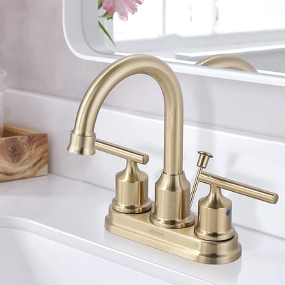 WOWOW Brushed Gold Bathroom Faucet 4 Inch Ceterset Bathroom Sink Faucet 3 Hole Vanity Faucet 2 Handle Basin Faucet with Drain Tall Mixer Tap Modern