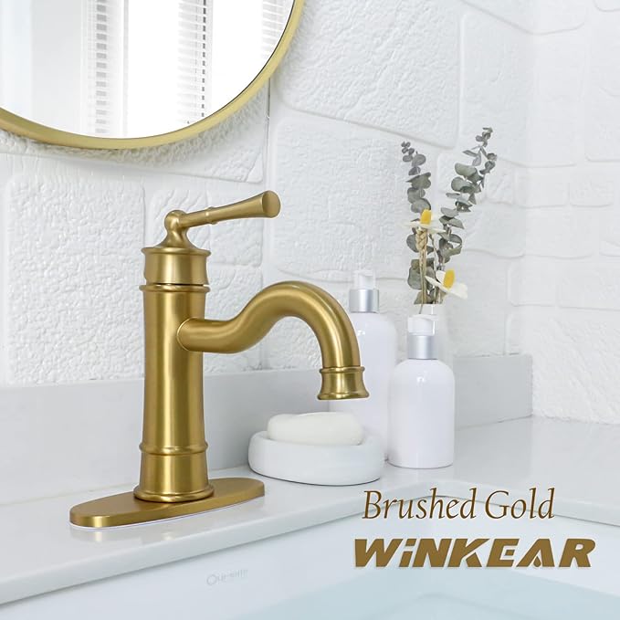 Roman Bathroom Sink Faucet Brushed Gold Single Hole Deck-Mount Pop-up Drain Assembly with Overflow Deck Plate and Water Supply Lines Included