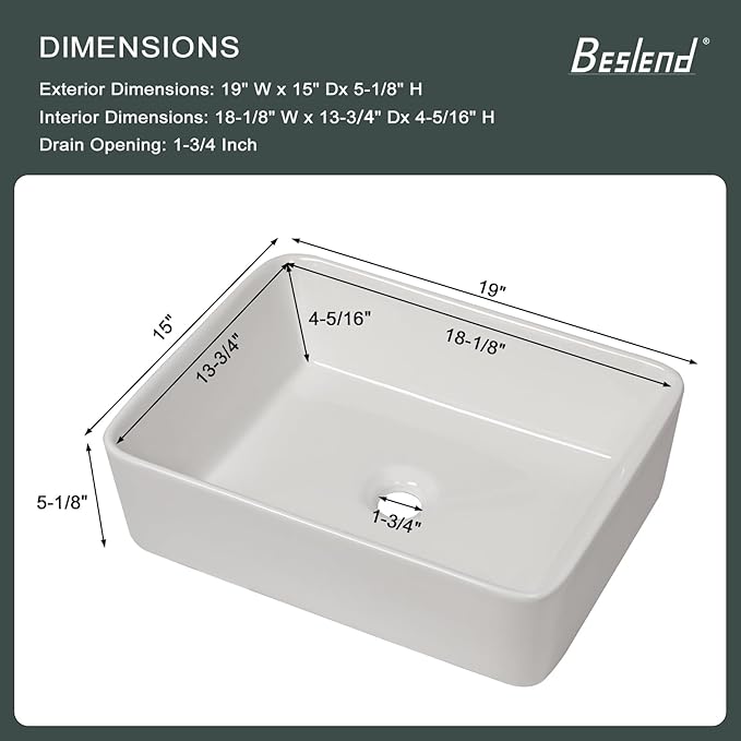 Rectangular Vessel Sink - Beslend 19''x15'' Bathroom Sink Rectangle Above Counter White Ceramic Porcelain Vessel Sinks Art Basin