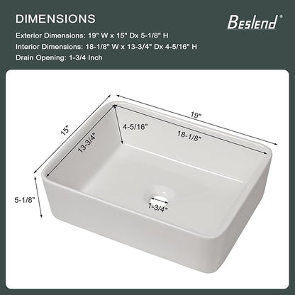 Rectangular Vessel Sink - Beslend 19''x15'' Bathroom Sink Rectangle Above Counter White Ceramic Porcelain Vessel Sinks Art Basin