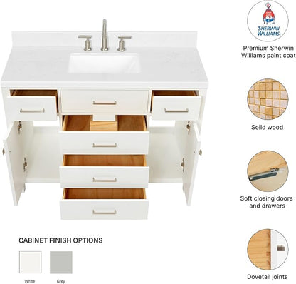Alenza 48" White Bathroom Vanity with Sink, 1.5" Carrara Quartz Countertop, Single Rectangular Undermount Sink, 2 Soft Closing Doors, 5 Dovetail Drawers