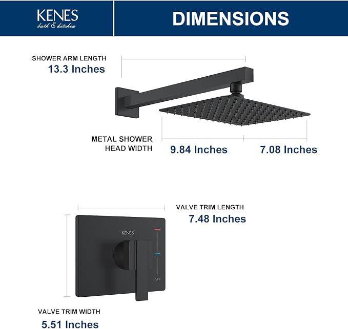 KENES Matte Black Shower Faucet Set, Square Shower Head and Handle Set | Shower Faucet with 10-Inch Rain Shower Head, Square Shower System, Valve Included, Lead-Free cUPC & NSF Certified, Stainless