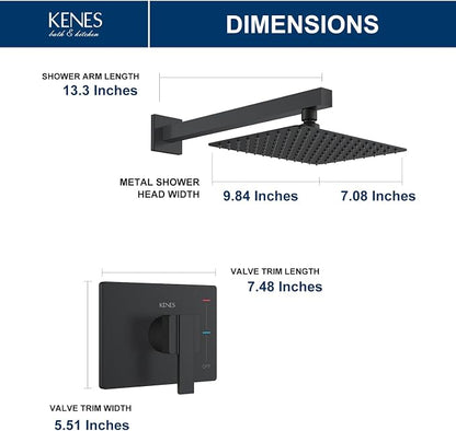 KENES Matte Black Shower Faucet Set, Square Shower Head and Handle Set | Shower Faucet with 10-Inch Rain Shower Head, Square Shower System, Valve Included, Lead-Free cUPC & NSF Certified, Stainless
