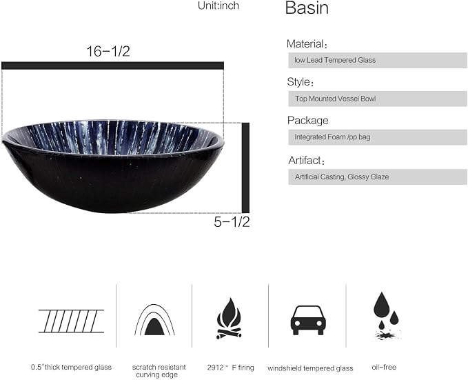 Bathroom Artistic Sink, Tempered Glass Vanity Round Bowl, Midnight Blue | Black Faucet, Pop Up Drain, Above Counter, Easy Clean