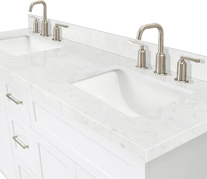 ARIEL Hamlet 72-inch Bathroom Vanity with Sink,Solid Wood, 1.5-inch Carrara White Quartz Countertop & Backsplash, Double Rectangular Porcelain Sink, 4 Soft Closing Doors, 3 Dovetail Drawers, White