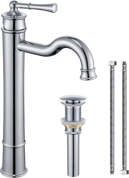 Vessel Sink Faucet Chrome Bathroom Tall Faucet Single Hole Deck-Mount Pop up Drain Assembly Without Overflow Water Supply Lines Included