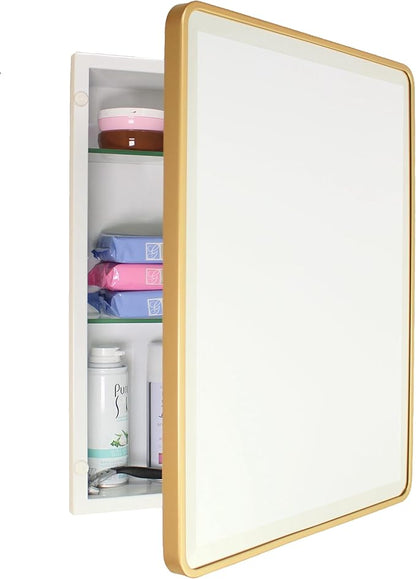 16x20 Austin Farmhouse Metal Framed Rounded Rectangle Recessed Bathroom Medicine Cabinet, Beveled Mirror, 14x18 in-Wall Opening, powder-coated Steel, Adjustable Glass Shelves, Magnet Close, Gold