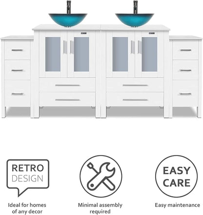 eclife 72" Modern Bathroom Vanity Sink Combo Freestanding Cabinet with Small Side Cabinet, Turquoise Square Glass Vessel Sink, Water Save Faucet, Drain (White+A10)