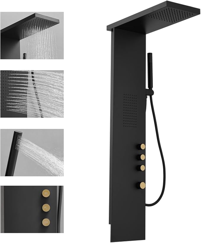 3 in 1 Shower Panel Tower System with Rainfall Shower Head, Handheld Shower Wand and Body Spray Stainless Steel Shower Tower Multi-Function Shower Panels for Bathroom, Black