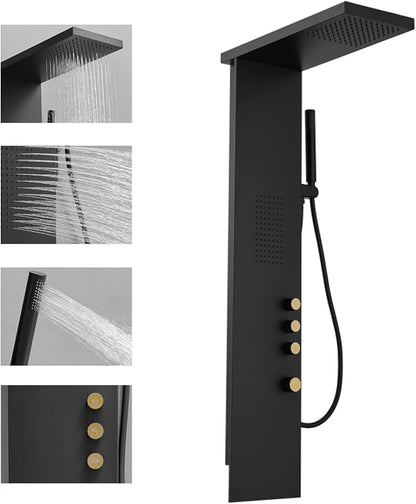 3 in 1 Shower Panel Tower System with Rainfall Shower Head, Handheld Shower Wand and Body Spray Stainless Steel Shower Tower Multi-Function Shower Panels for Bathroom, Black
