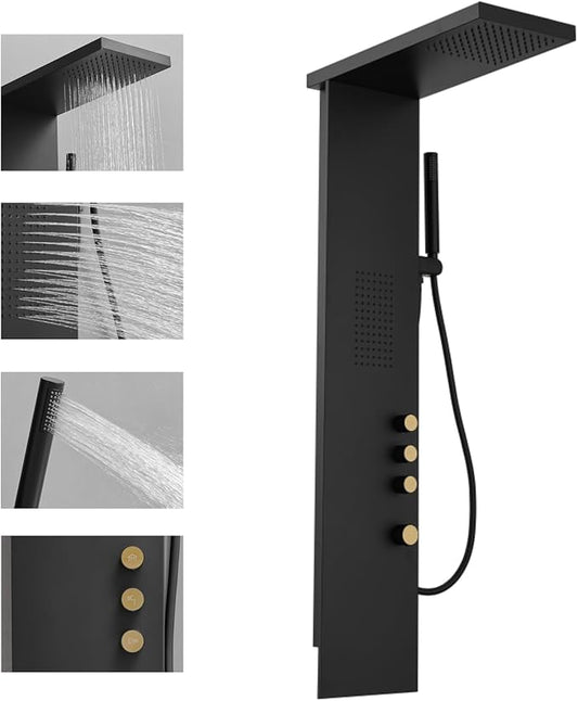 3 in 1 Shower Panel Tower System with Rainfall Shower Head, Handheld Shower Wand and Body Spray Stainless Steel Shower Tower Multi-Function Shower Panels for Bathroom, Black