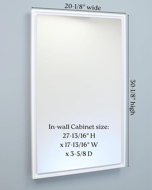 Fox Hollow Furnishings 20x30 Parker Metro Metal Framed Rectangle Recessed Bathroom Medicine Cabinet, Floating Mirror, 14x24 in-Wall Opening, Steel, Adjustable Glass Shelves, Magnet Close, White
