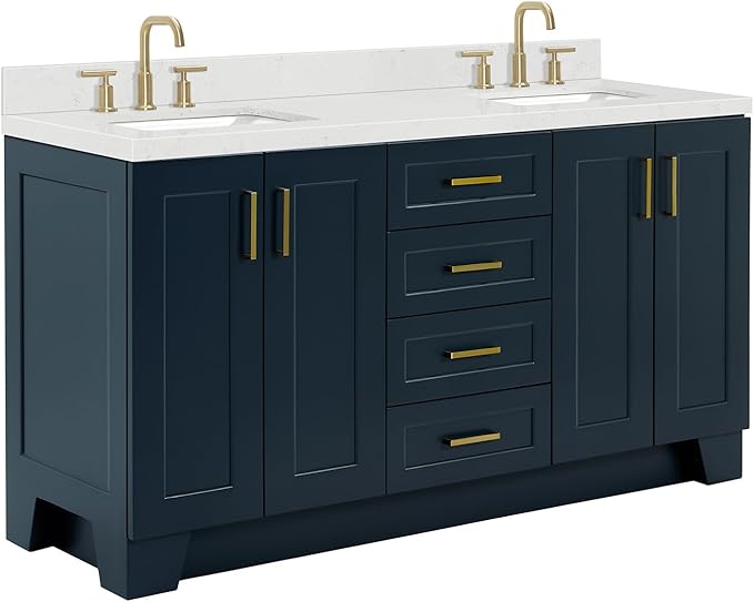 ARIEL Taylor 66-inch Bathroom Vanity with Sink,Solid Wood, 1.5-inch Carrara White Quartz Countertop, Double Rectangular Porcelain Sink, 4 Soft Closing Doors, 5 Dovetail Drawers, Midnight Blue