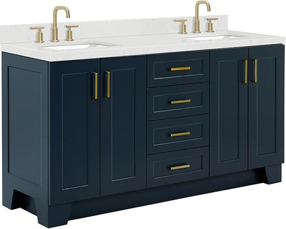 ARIEL Taylor 66-inch Bathroom Vanity with Sink,Solid Wood, 1.5-inch Carrara White Quartz Countertop, Double Rectangular Porcelain Sink, 4 Soft Closing Doors, 5 Dovetail Drawers, Midnight Blue