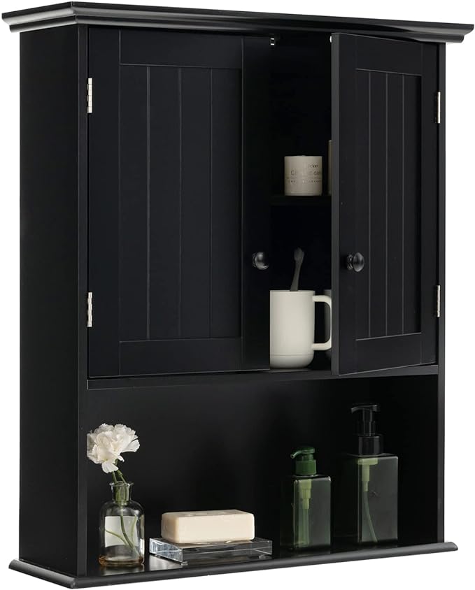 Tangkula Wall Mount Bathroom Cabinet Wooden Medicine Cabinet Storage Organizer with 2-Doors and 1-Shelf Cottage Collection Wall Cabinet (Black)