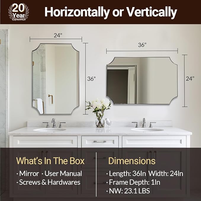 24x36 Inch Chrome Mirror, Scalloped Bathroom Mirror, Polished Chrome Framed Mirror in Anti-Rust Stainless Steel Metal Thin Frame Deep 1’’, Unique Scalloped Edge Design