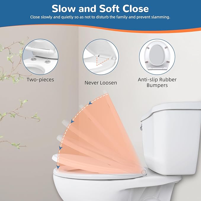 iFealClear Round Toilet Seat Soft Close with Cover, Toilet Seat Replacement with Non-Slip Toilet Bolts and Bumpers, Compatible with Kohler, American Standard, TOTO, One-Click Release, White